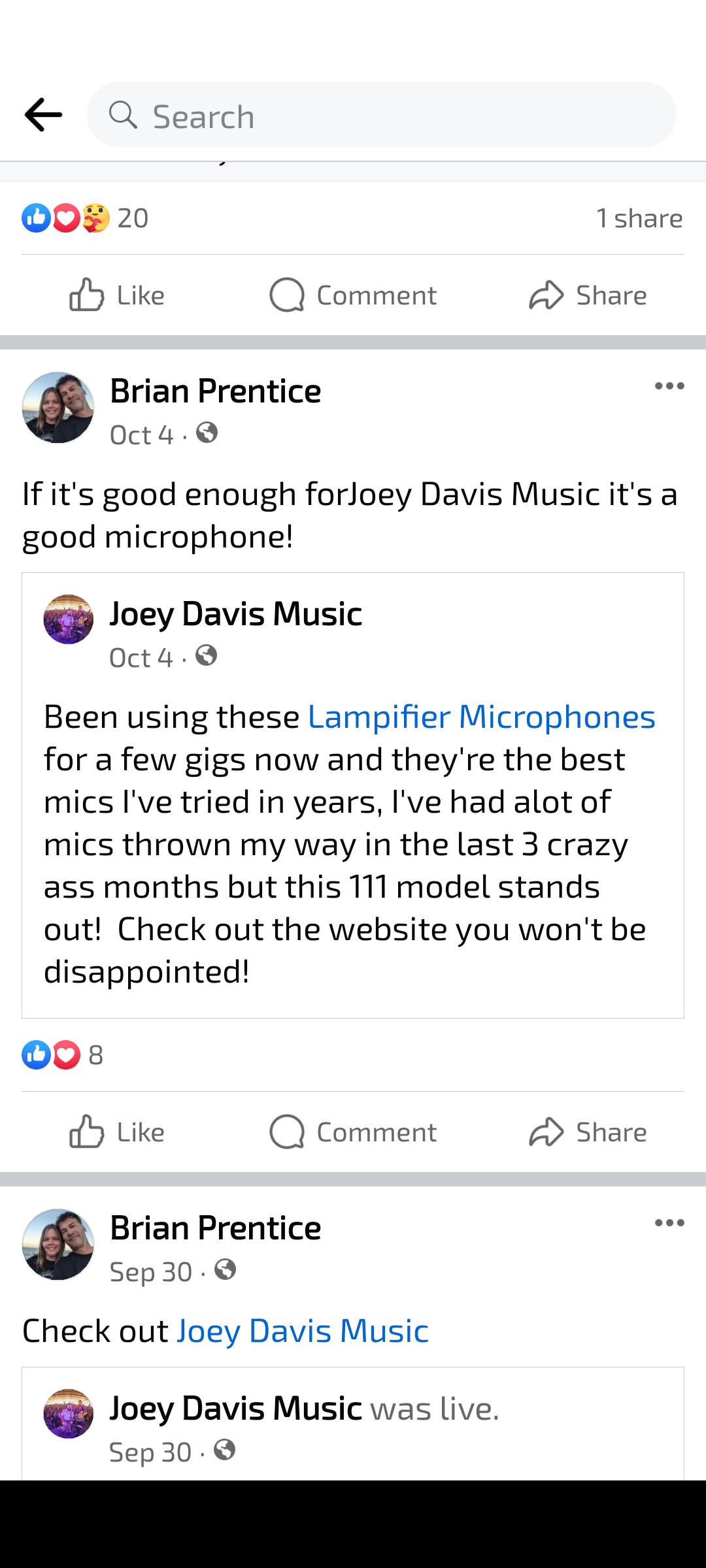Image of Brian Prentice and Joey Davis Music Facebook messenger complimenting Lampifier Programmable Microphones - Facebook Post Gallery - Lampifier of Tennessee