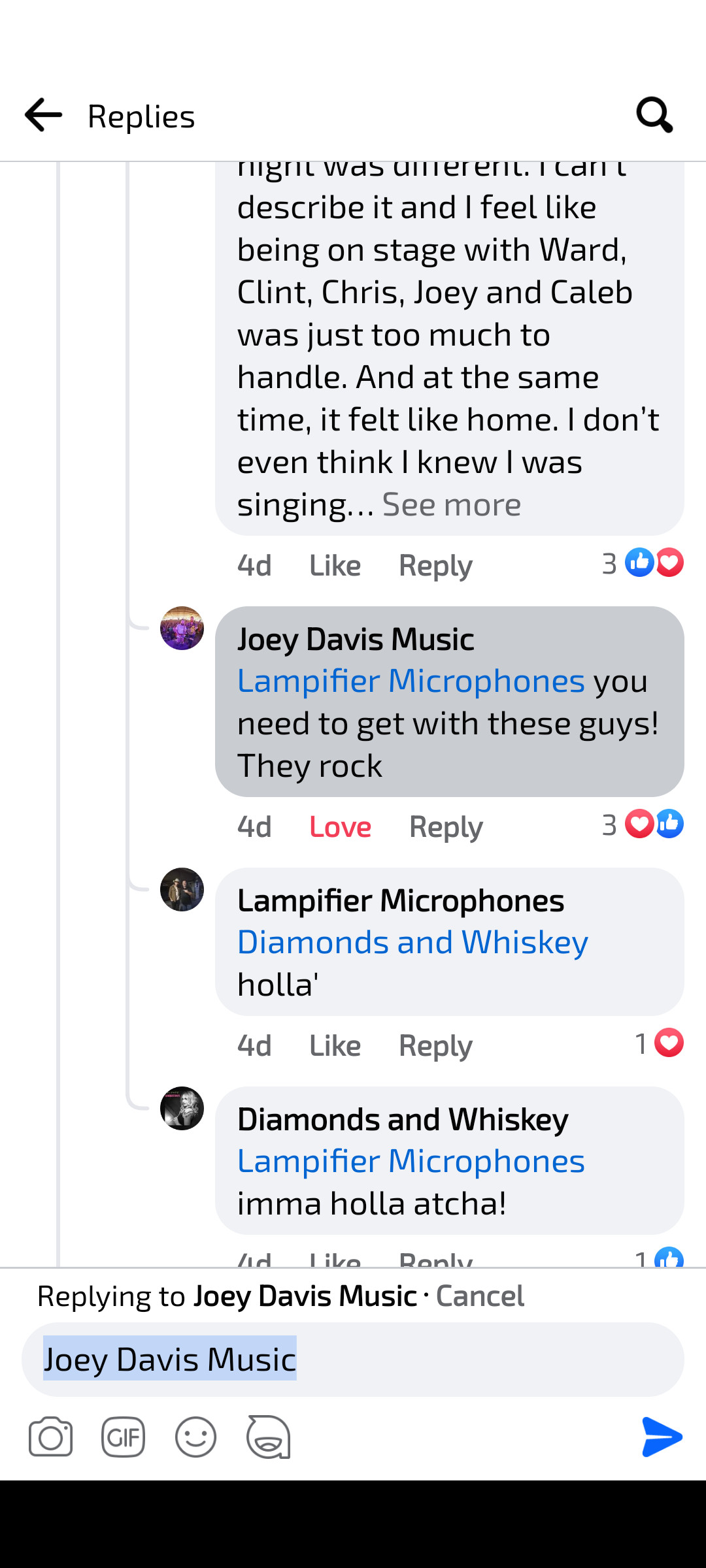 Image of Diamonds and Whiskey and Joey Davis Music Facebook messenger complimenting Lampifier Programmable Microphones