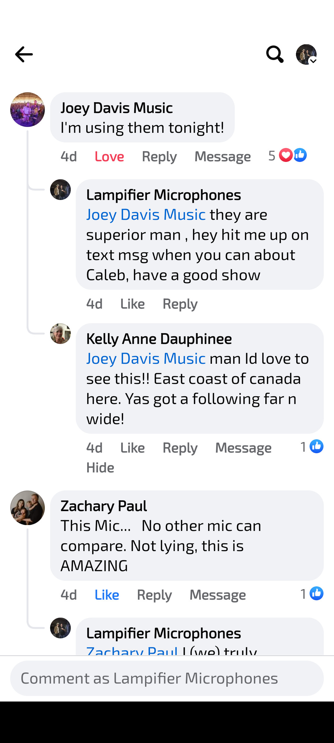 Image of Kelly Anne Dauphinee and Joey Davis Music Facebook messenger complimenting Lampifier Programmable Microphones