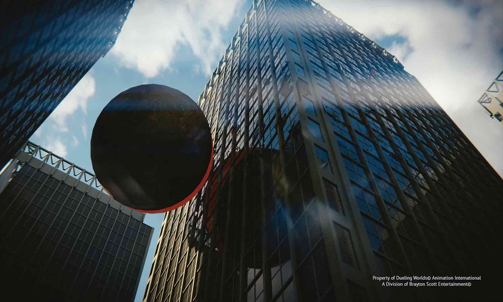 Image of Dueling Worlds© International Full Impact of Laxatrone Meteor into Skyscraper