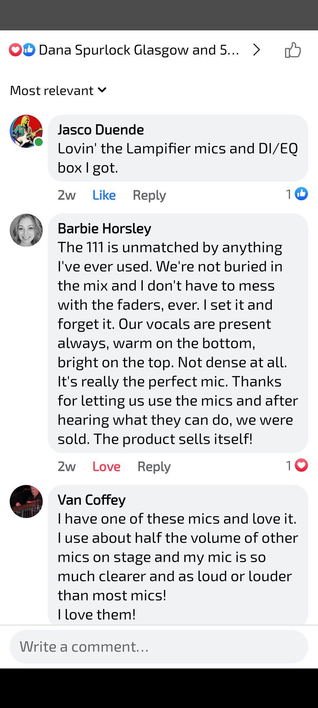 Image of Jasco Duende and Barbie Horsley and Van Coffey Facebook messenger complimenting Lampifier Programmable Microphone