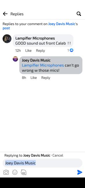 Image of Joey Davis Music Facebook messenger complimenting Lampifier Programmable Microphones